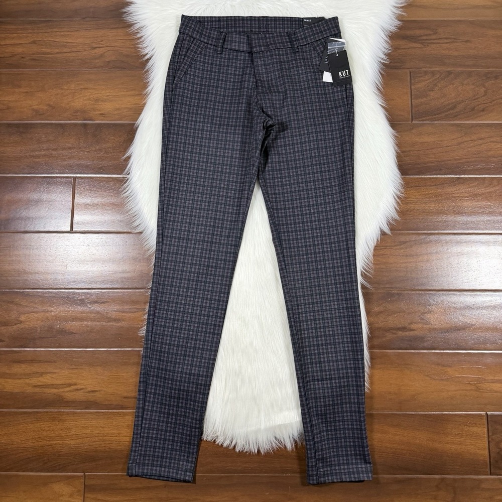 Kut from the Kloth Women's Size 6 Grey Wine Plaid Ponte Knit Skinny Pants